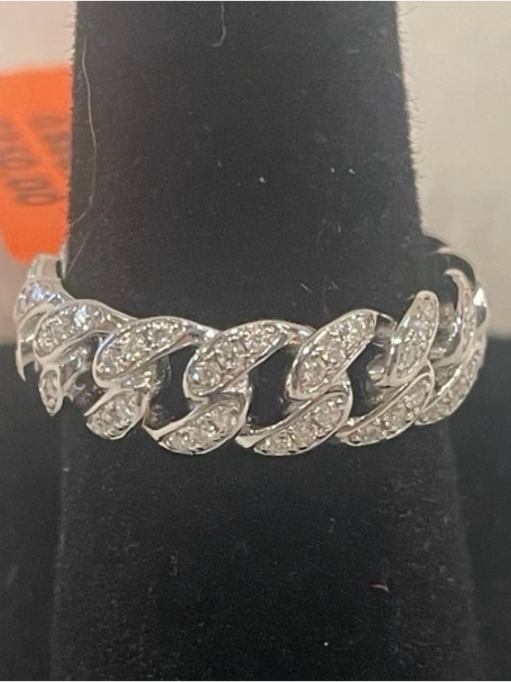 Cuban chain Moissanite ring size 6, 0.88ctw rhodium plated over 925 silver